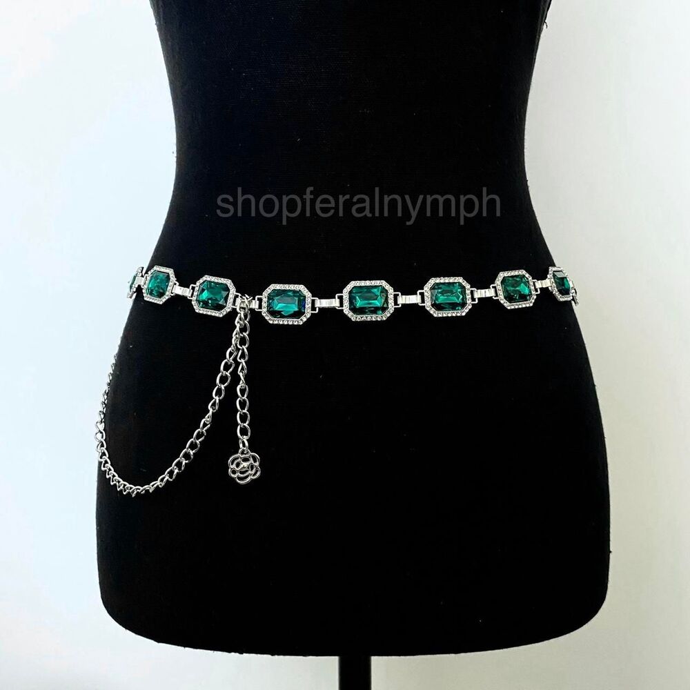 Silver Emerald Green Jewel Chain Belt, Fits 20.5-43.5 Inches, X7GA1265